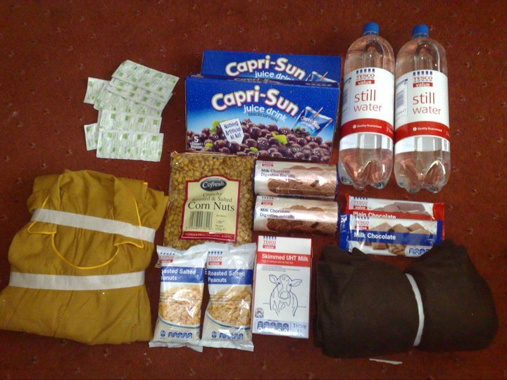 Contents of MCC life boxes; Water, Blankets, clothes, quick energy foods, and water purification tablets.
